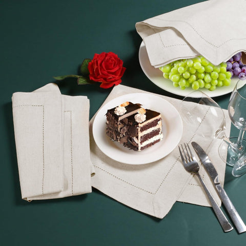 Close-up of Bedding Craft napkins with hemstitched corners for refined table settings
