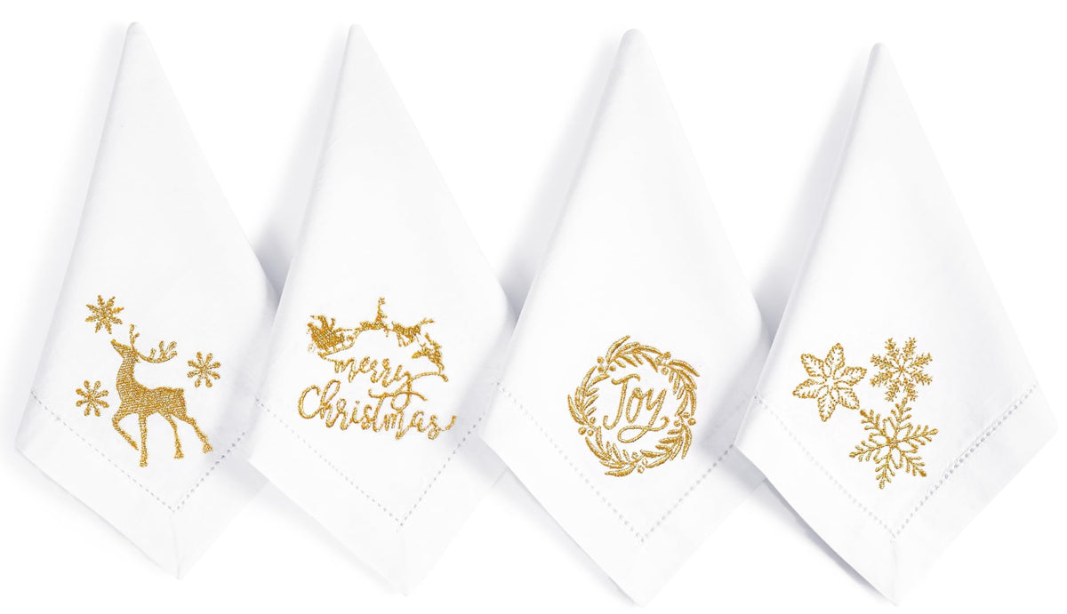 Bedding Craft napkins with gold embroidery on crisp white fabric for refined table settings