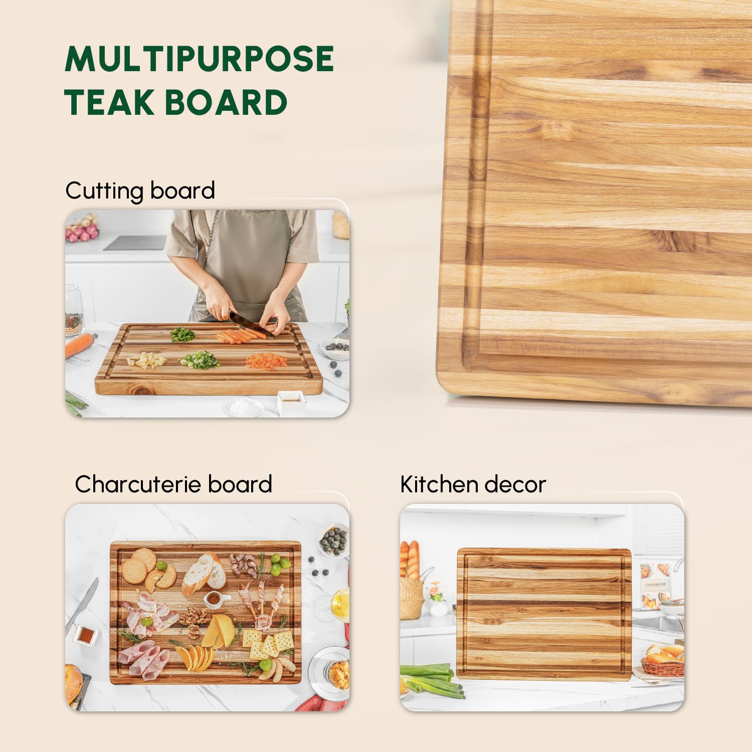 Beefurni teak board shows warm edge grain for stylish kitchen decor.