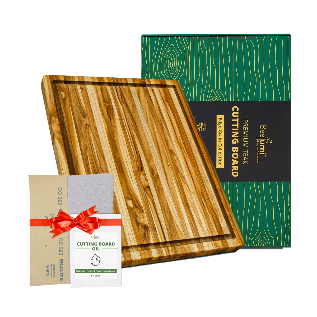 Beefurni teak cutting board with juice groove for mess-free prep and serving.