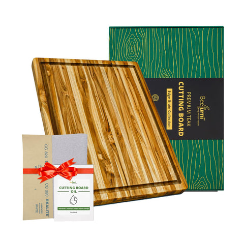 Beefurni teak cutting board with juice groove for mess-free prep and serving.