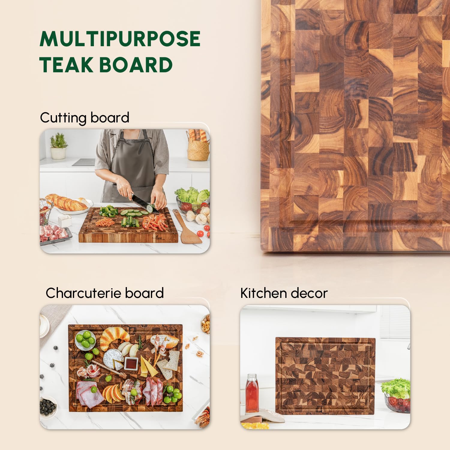 BEEFURNI Teak Cutting Board with side handles, easy to move.