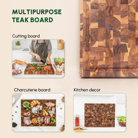 BEEFURNI Teak Cutting Board with side handles, easy to move.
