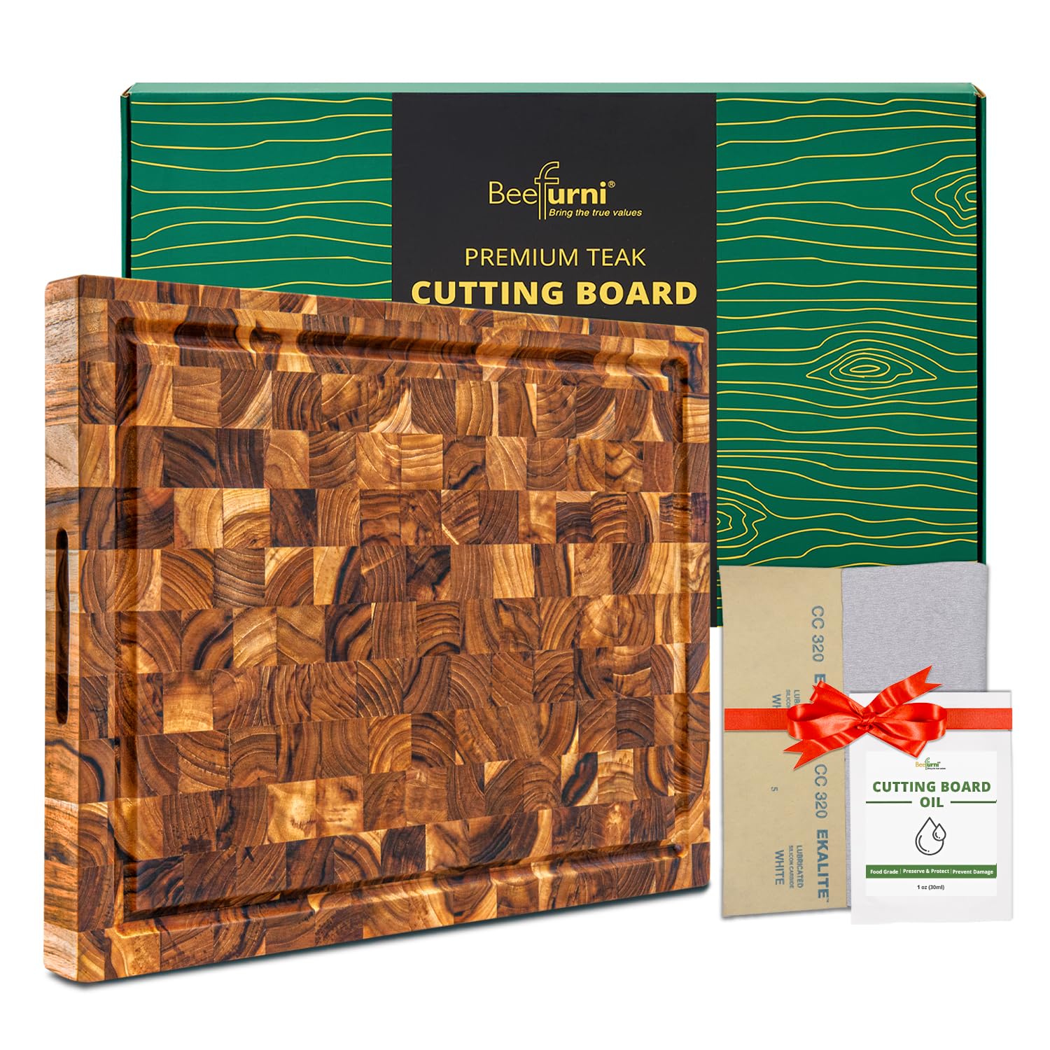 BEEFURNI Teak End Grain Cutting Board top view, durable surface for daily prep.