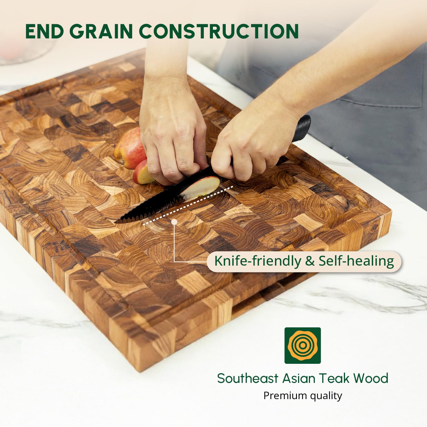 BEEFURNI Teak End Grain Cutting Board reversible surface.
