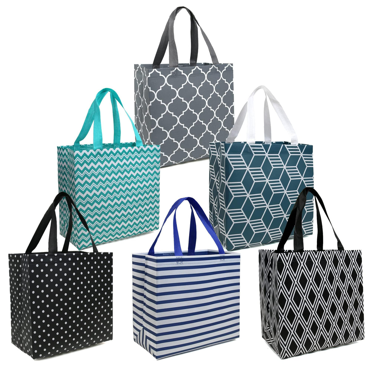 BeeGreen 6-pack foldable grocery bags with animal prints for stylish, reusable shopping.
