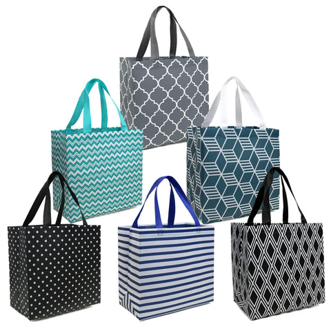 BeeGreen 6-pack foldable grocery bags with animal prints for stylish, reusable shopping.