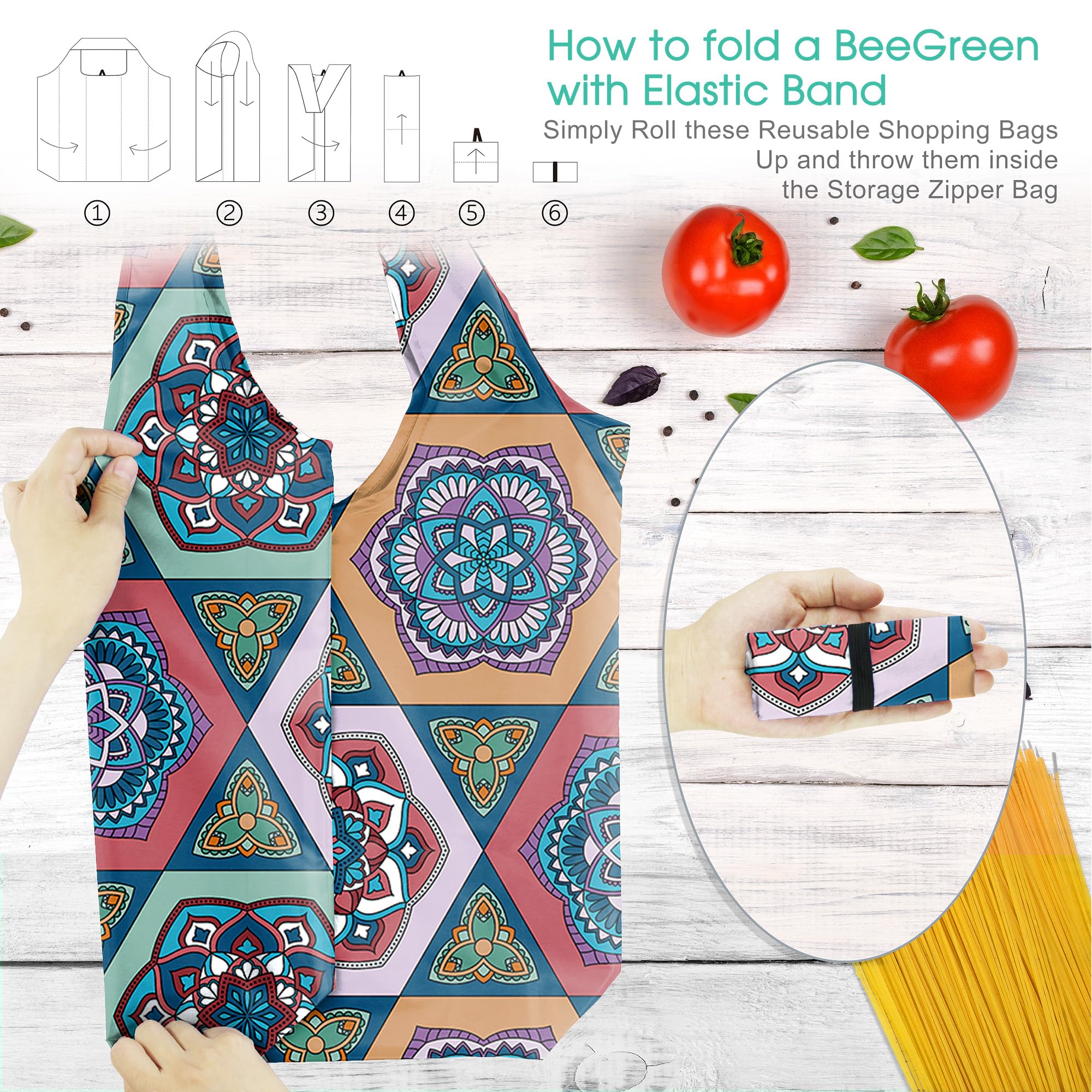 BeeGreen boho mandala grocery bags, pattern 3: vibrant daily shopping option.