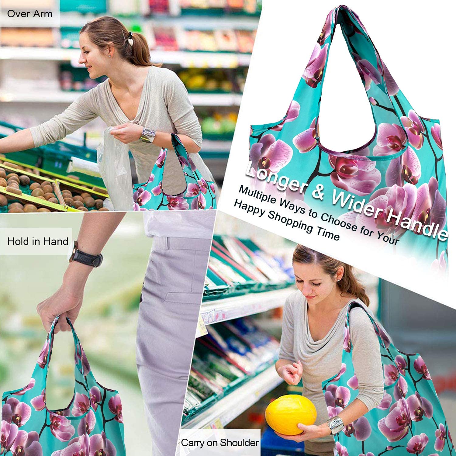 BeeGreen daisy-pattern bag ready for farmers market shopping.