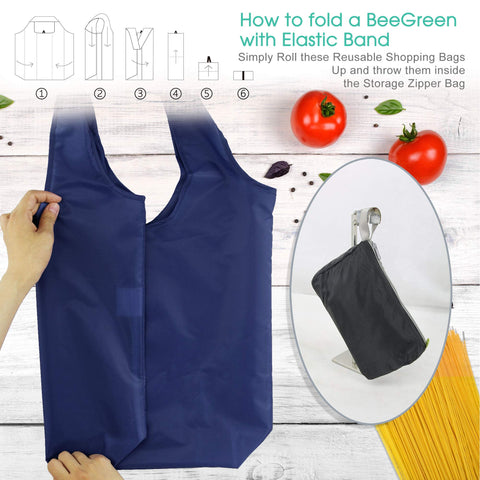 BeeGreen foldable grocery bags with compact carry pouch for on-the-go shopping.