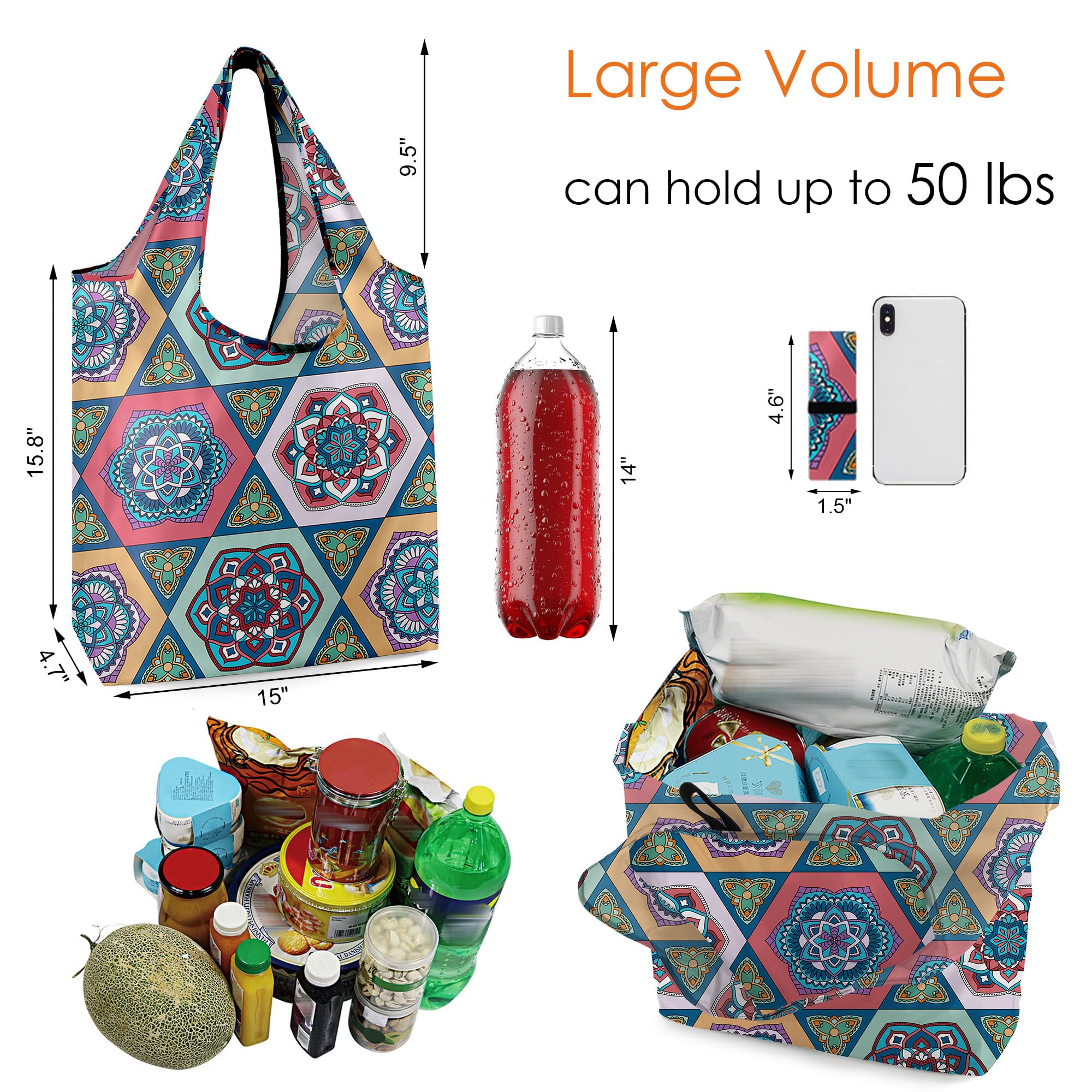 BeeGreen geometric grocery bags, pattern 2: durable tote for heavy groceries.