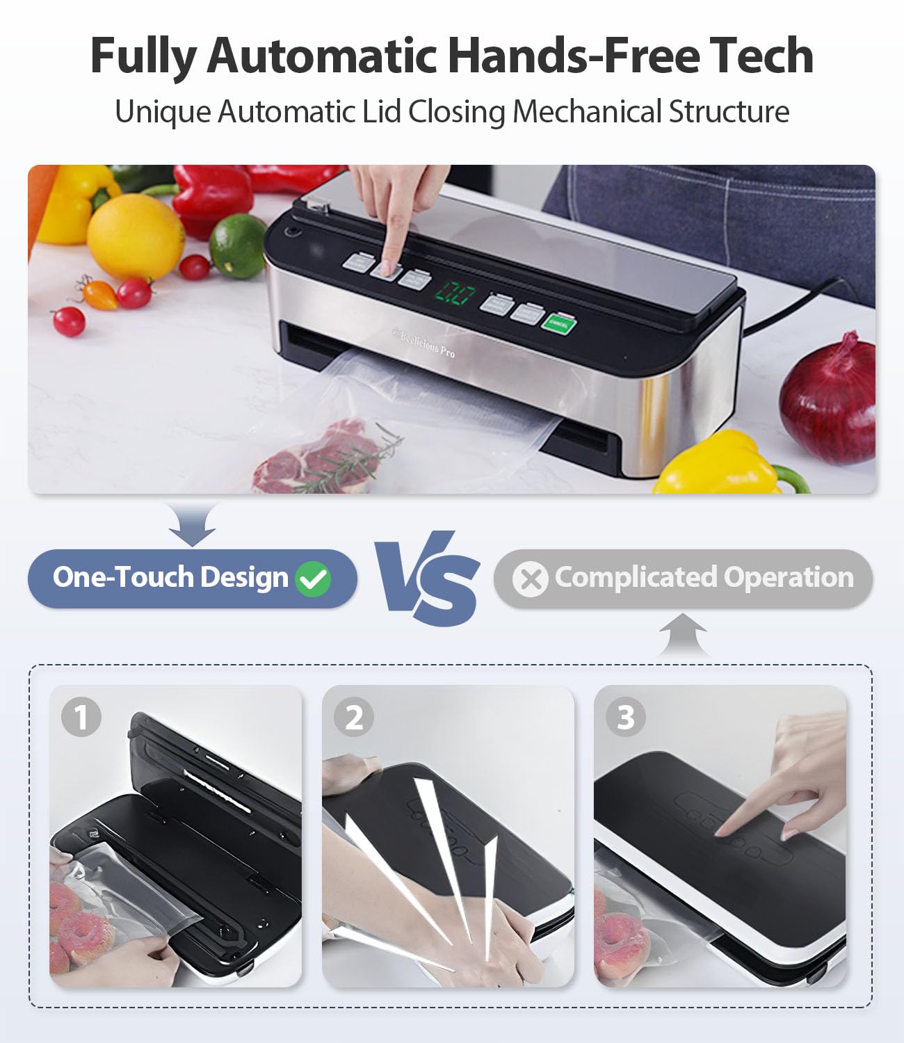 Beelicious Pro PressFree Roll compartment with built-in cutter for precise bag sizing.
