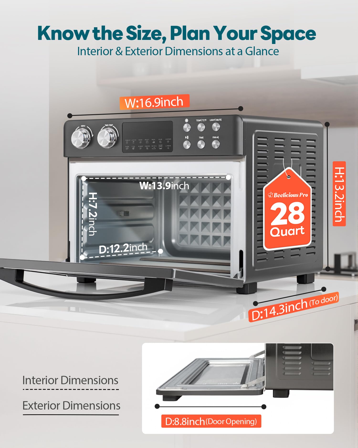 Beelicious Pro 28QT includes rotisserie, fry basket, rack, pan, crumb tray.