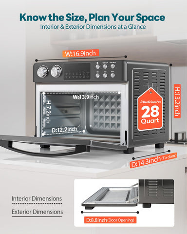 Beelicious Pro 28QT includes rotisserie, fry basket, rack, pan, crumb tray.