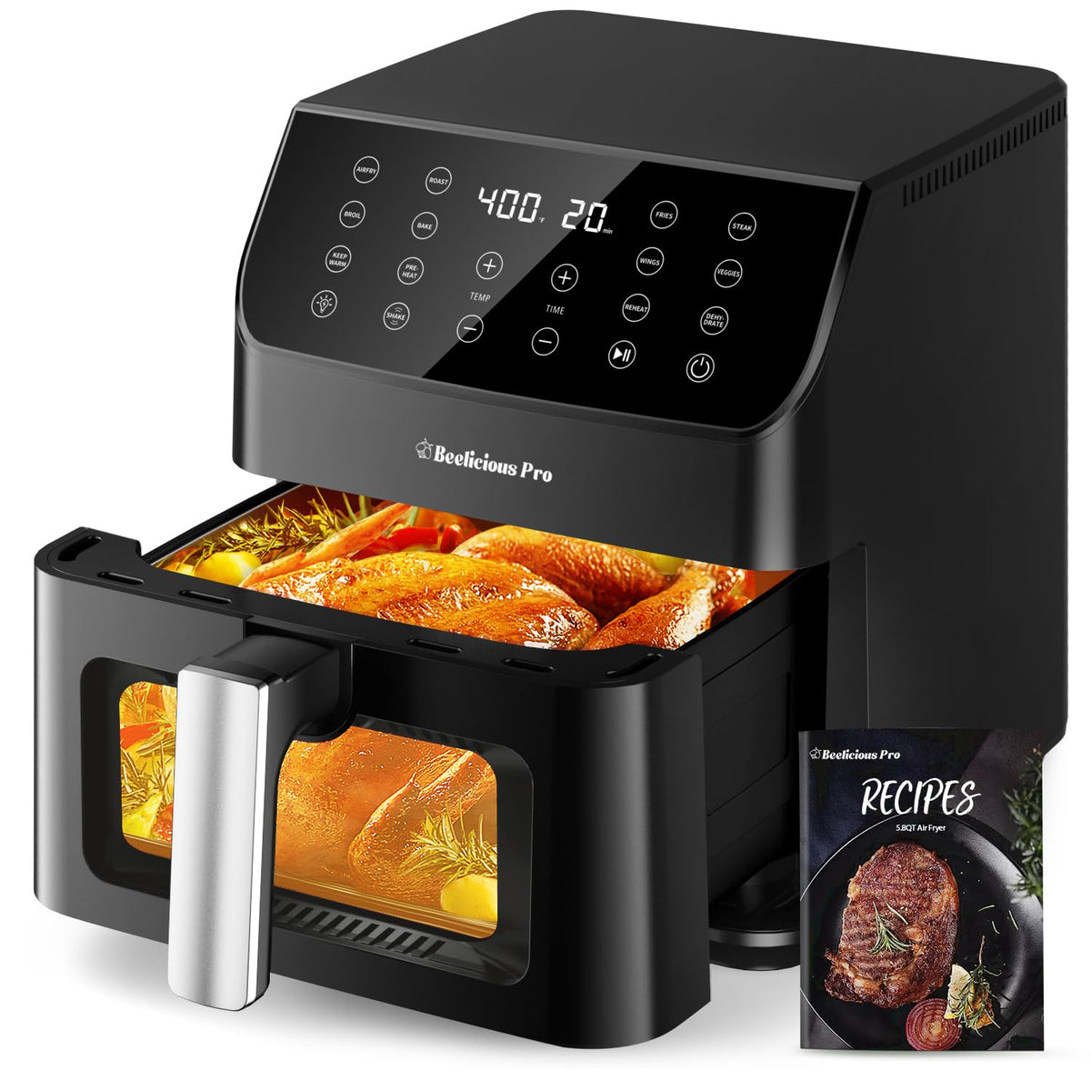 Beelicious Pro air fryer front view shows compact design for small kitchens and countertop use.