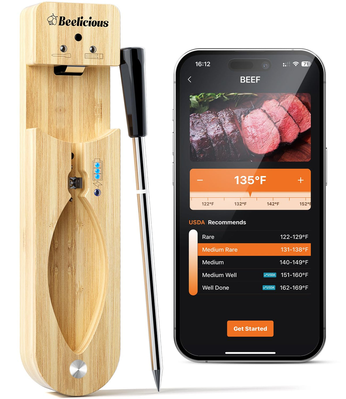 Beelicious Pro wireless thermometer probe in action for precise meat temperature during cooking