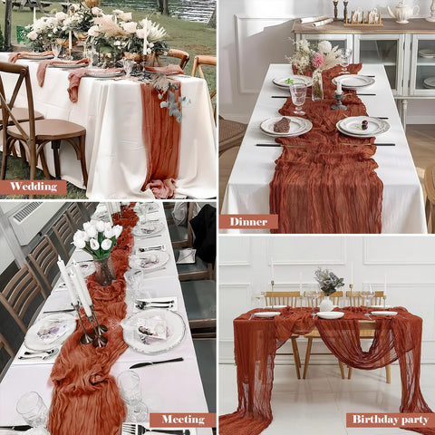 Beelify cheesecloth runner pairs with chic or farmhouse themes.