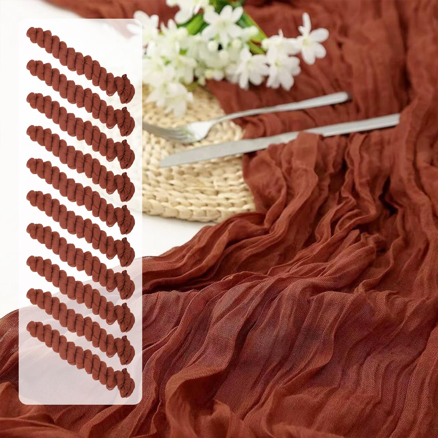 Beelify rust cheesecloth table runner 10ft enhances rustic wedding table decor.