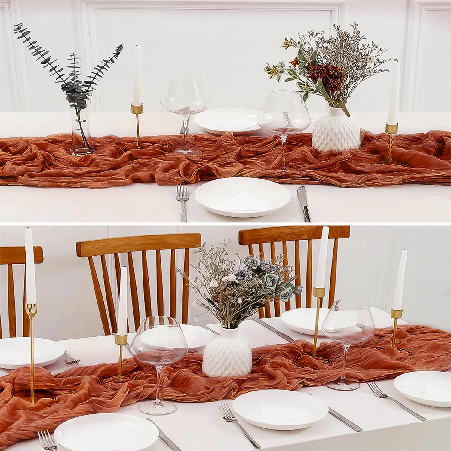 Beelify rust color gauze cloth adds texture to tables and furniture.