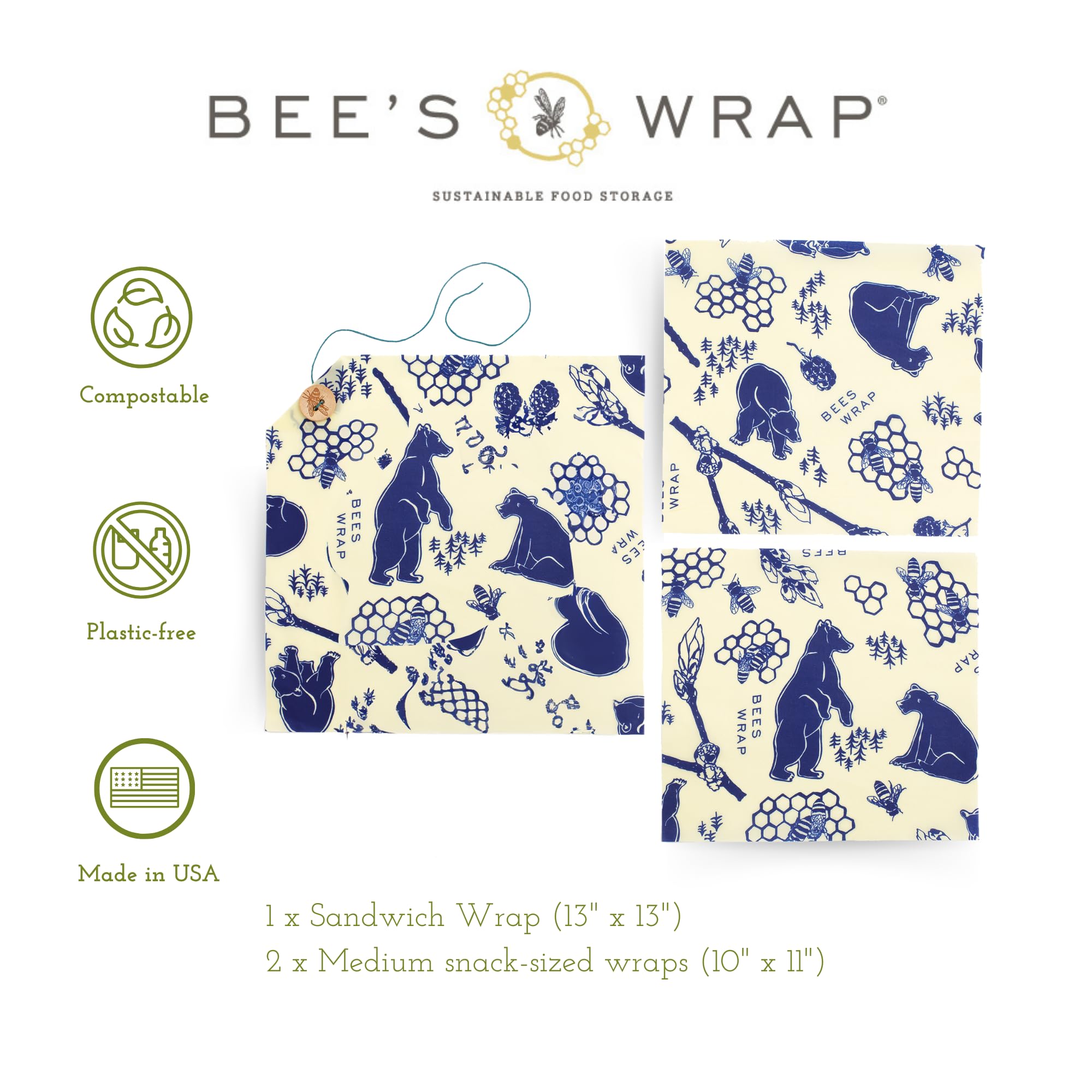 Bee's Wrap Bees and Bears medium wrap (10x11) pattern highlighting cheese preservation.