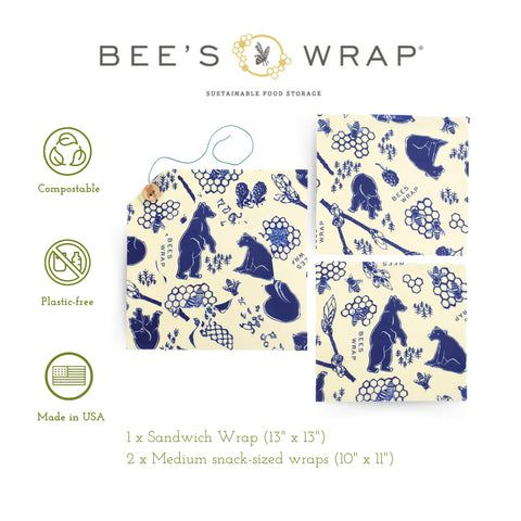 Bee's Wrap Bees and Bears medium wrap (10x11) pattern highlighting cheese preservation.