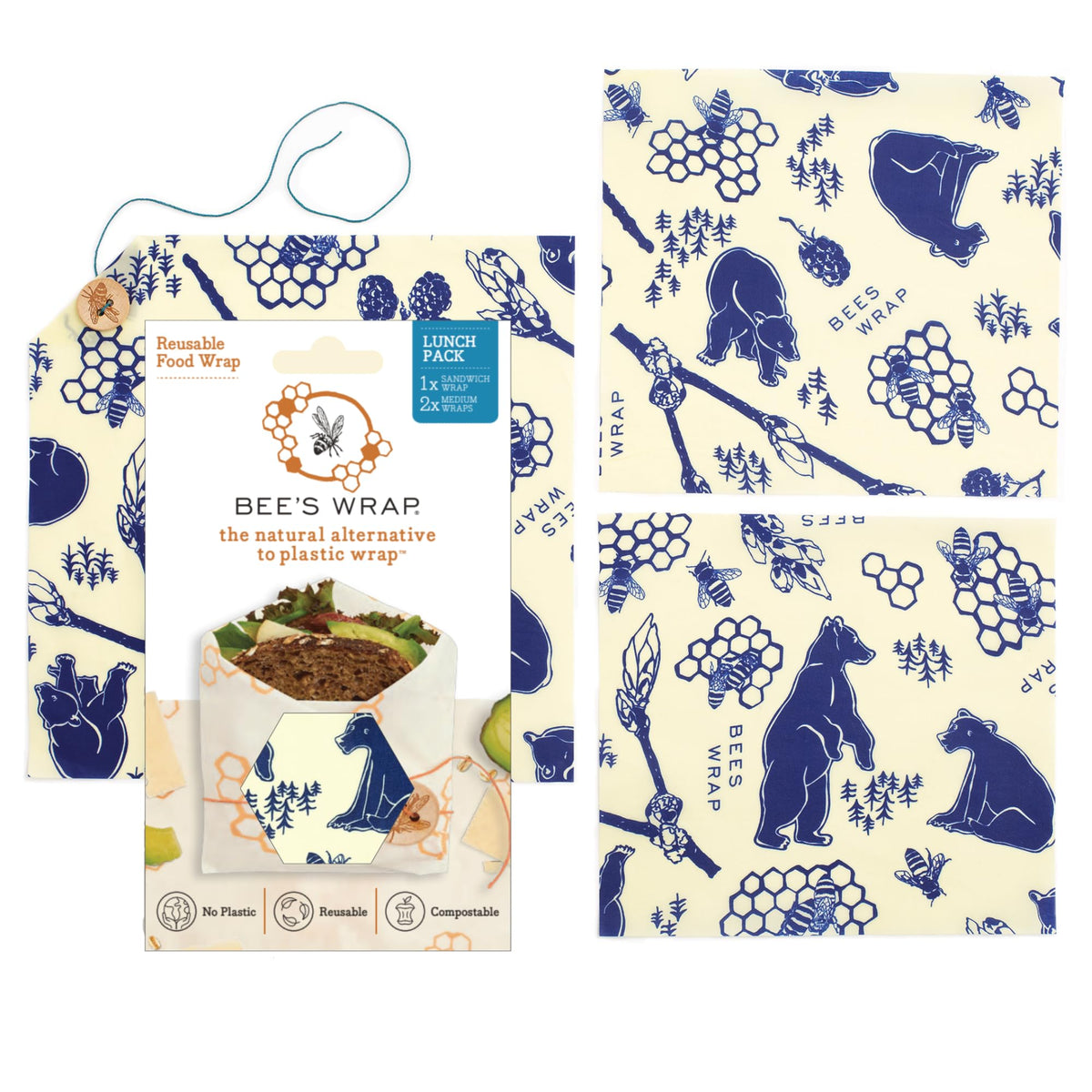 Bee's Wrap Bees and Bears medium wrap (10x11) for reusable snack storage.