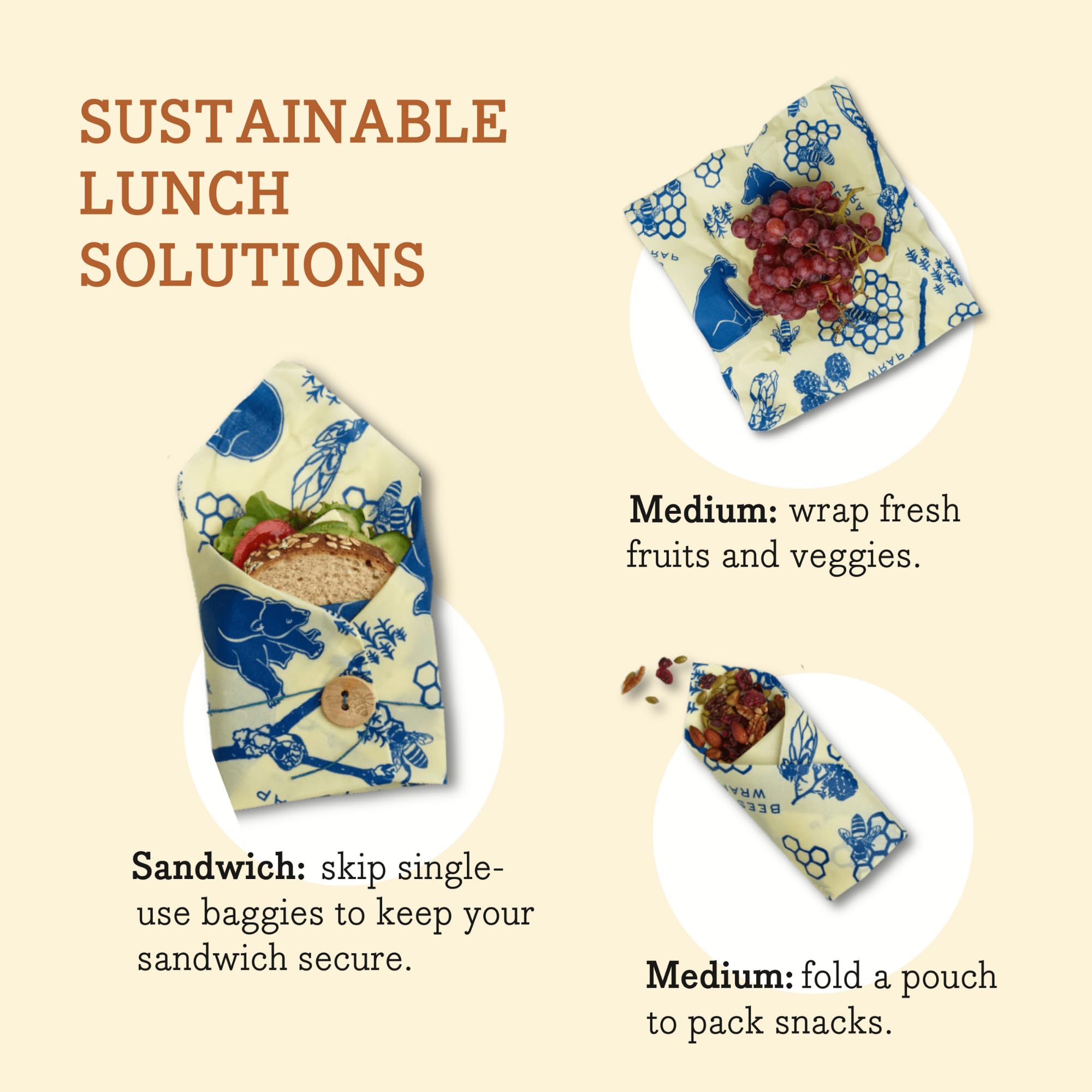 Bee's Wrap Bees and Bears sandwich wrap (13x13) with tie for lunches.