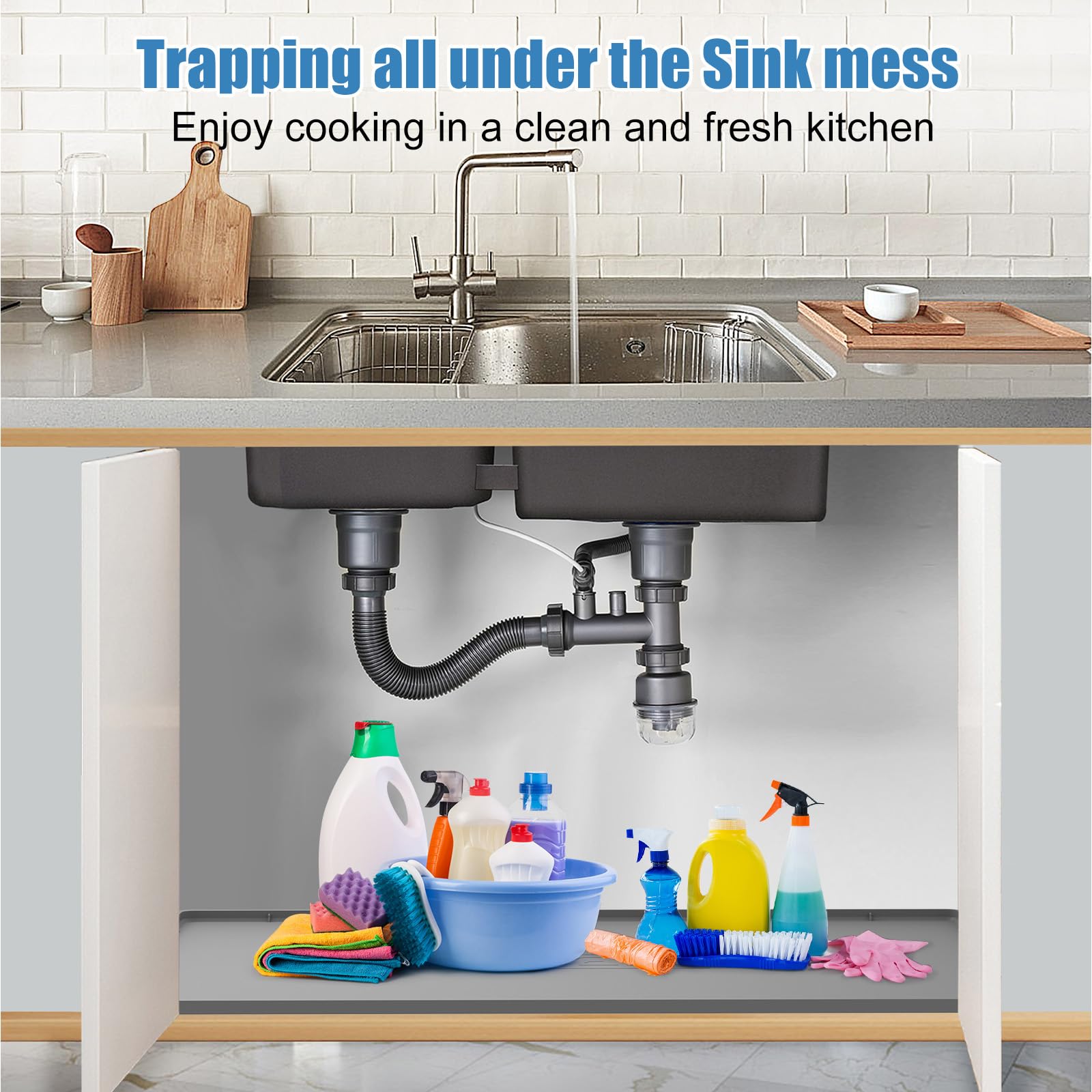 BeesVo under-sink mat with 0.67-inch lip contains liquids and guards against leaks.