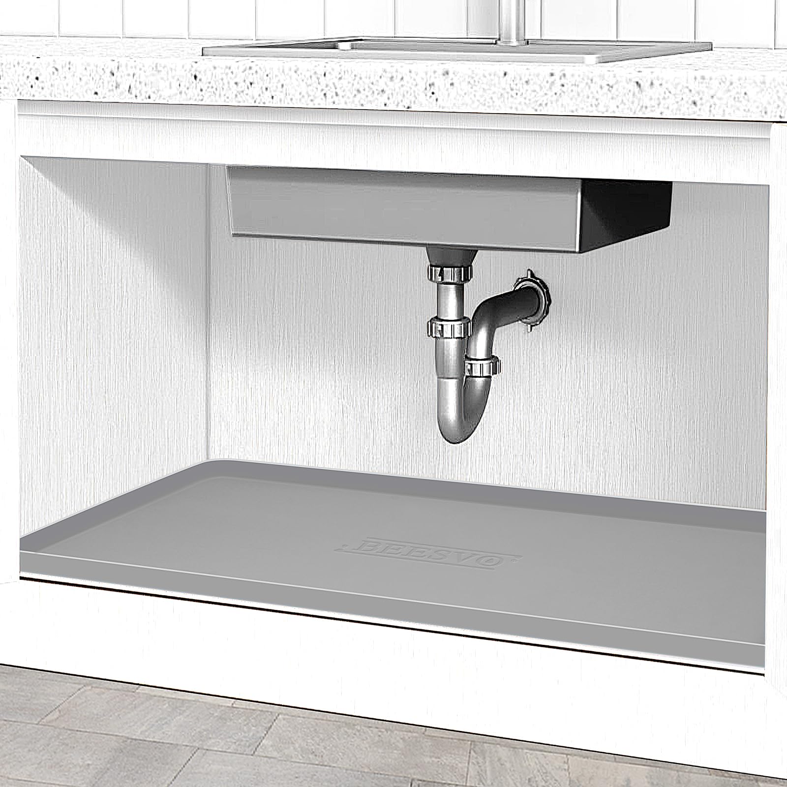 BeesVo under-sink mat with full-coverage design protects cabinet bases from spills.