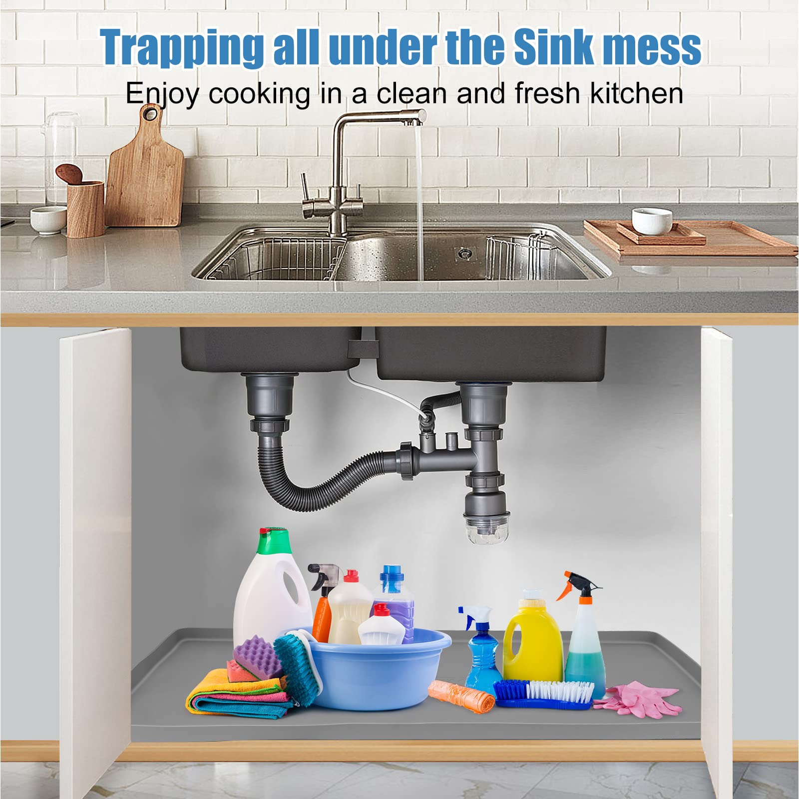 BeesVo silicone under-sink mat keeping cabinet bottom dry