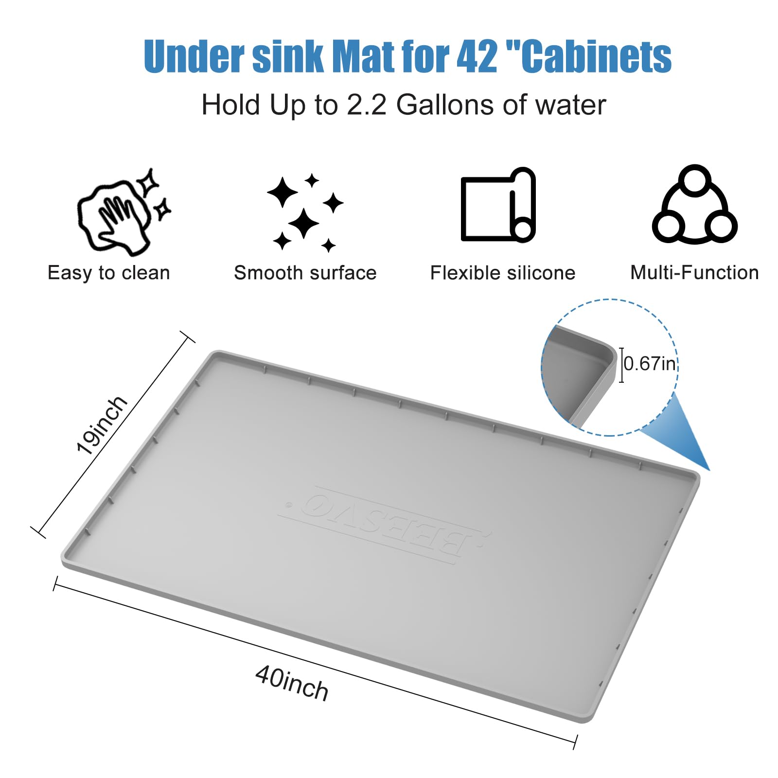 BeesVo under-sink mat with 2.2 gallon capacity catches fluids before damage.
