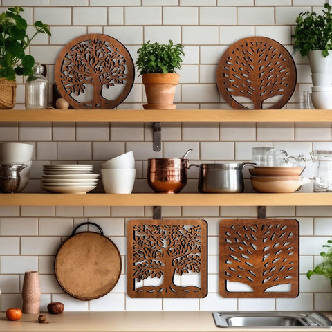 Beeveer Life Tree Trivet on table demonstrates heat protection