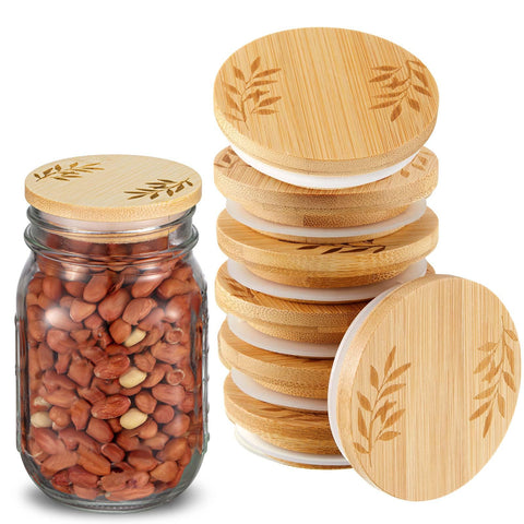 Beeveer regular mouth bamboo lid with leaf engraving for organized pantry storage.