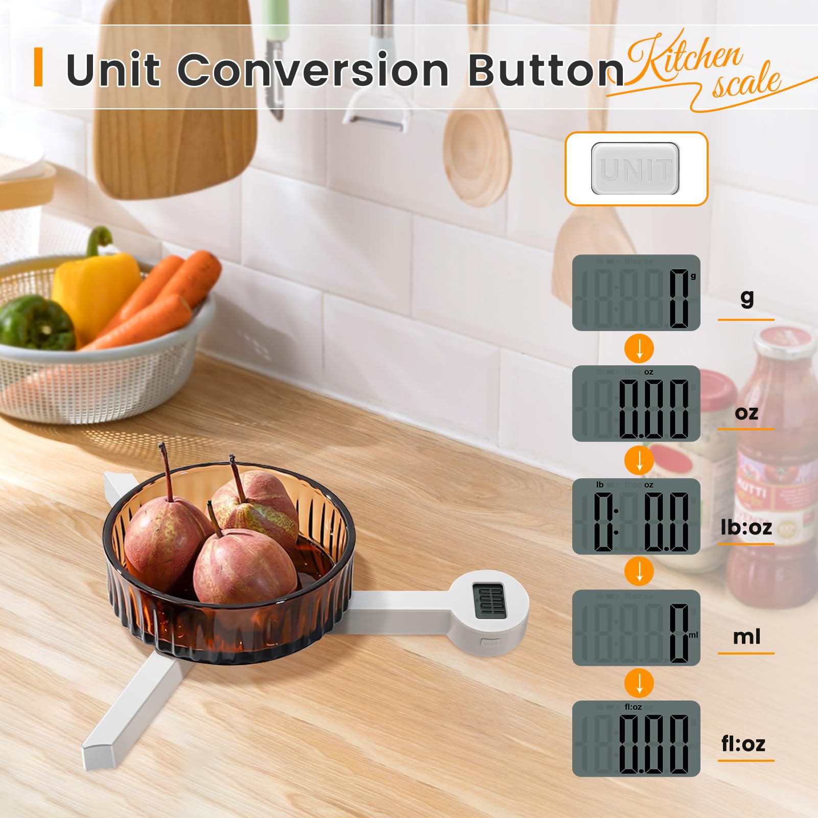 Beewin digital kitchen scale shows on-demand precision on a clear LCD screen