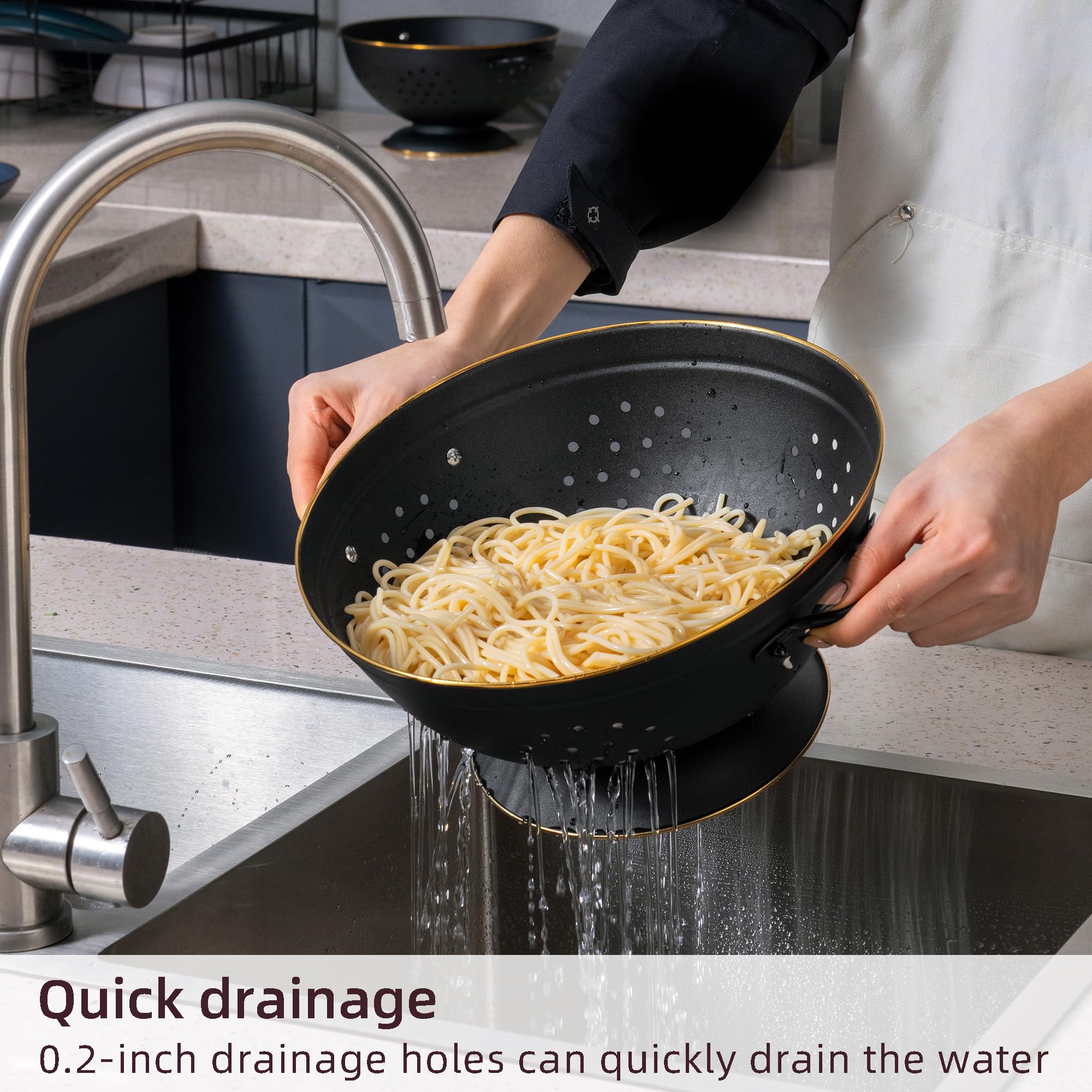 BeFare 5qt colander with ultra-wide base prevents tipping during draining.