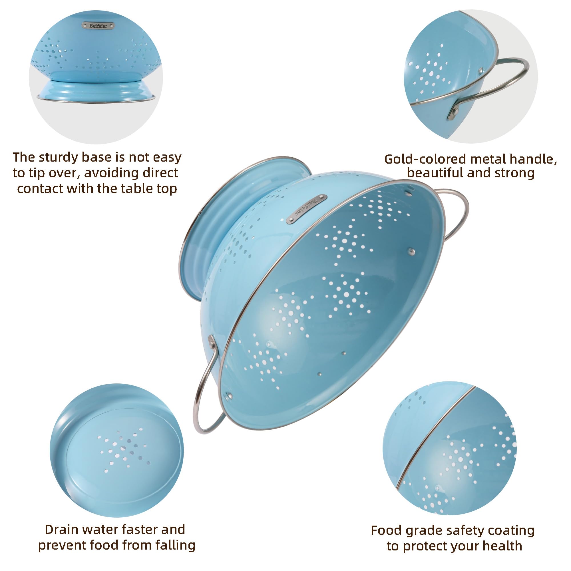 BeFare colander drains quickly with well-placed holes and air flow