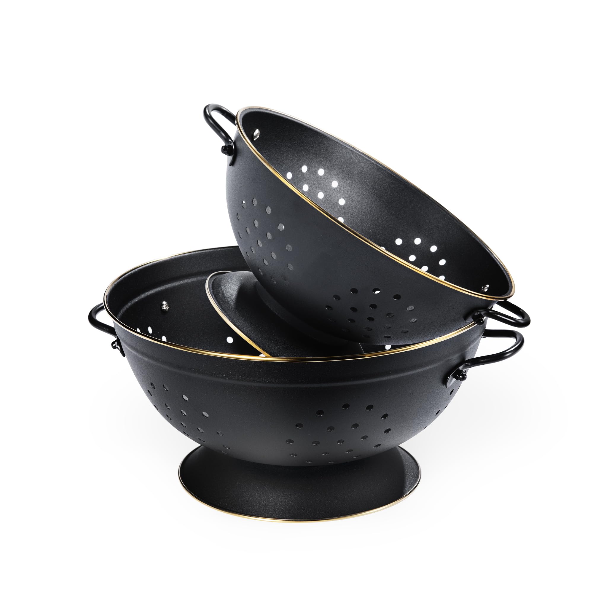 BeFare colander set in matte black with 3qt and 5qt sizes for pasta prep.