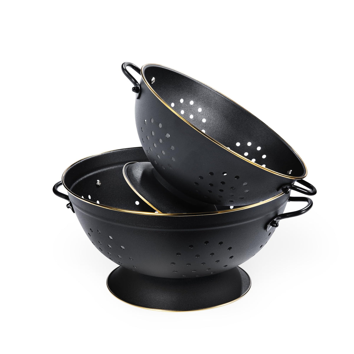 BeFare colander set in matte black with 3qt and 5qt sizes for pasta prep.