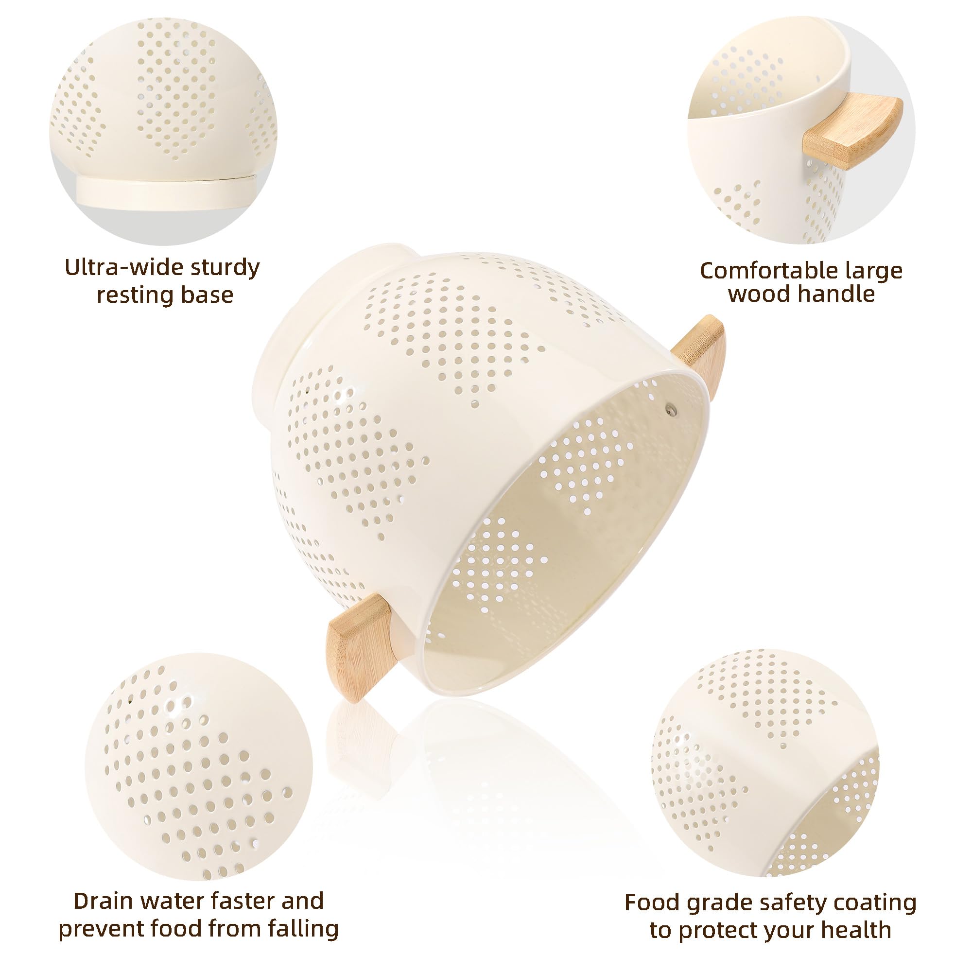 BeFare wooden easy-grip handle stays cool and comfortable during draining.