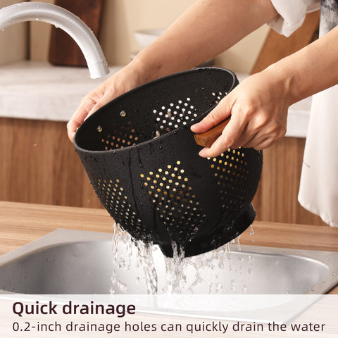 BeFare matte-black colander with wood-handle offers comfortable grip