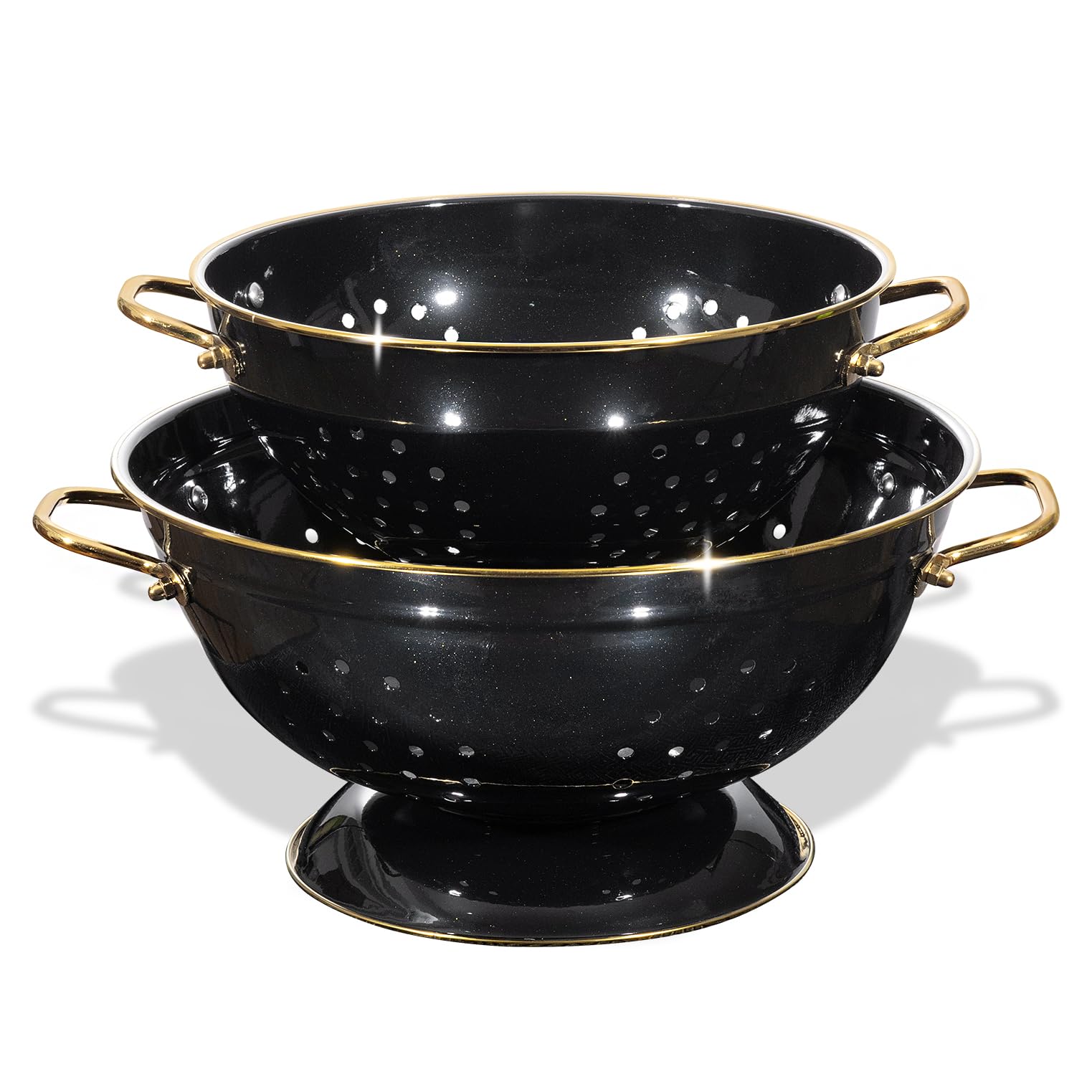 BeFare metal colander 3-quart glitter black with secure handles for safe draining