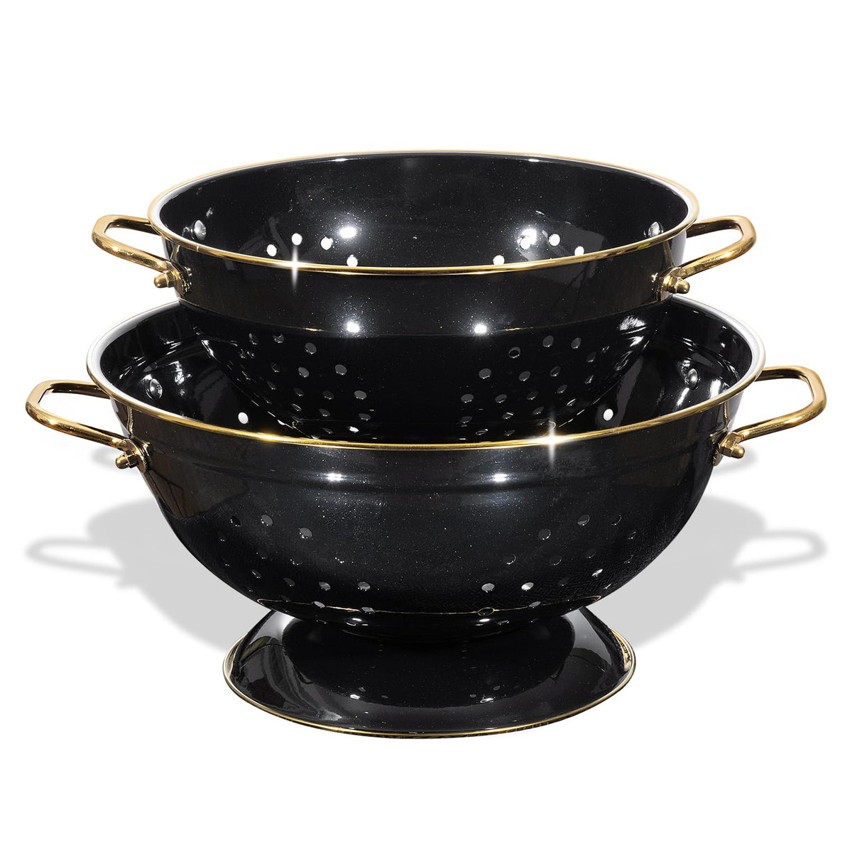 BeFare metal colander 3-quart glitter black with secure handles for safe draining