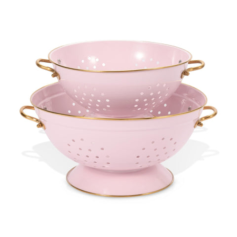 BeFare metal colander 3qt pink shows sturdy build for quick rinsing of pasta and veggies.