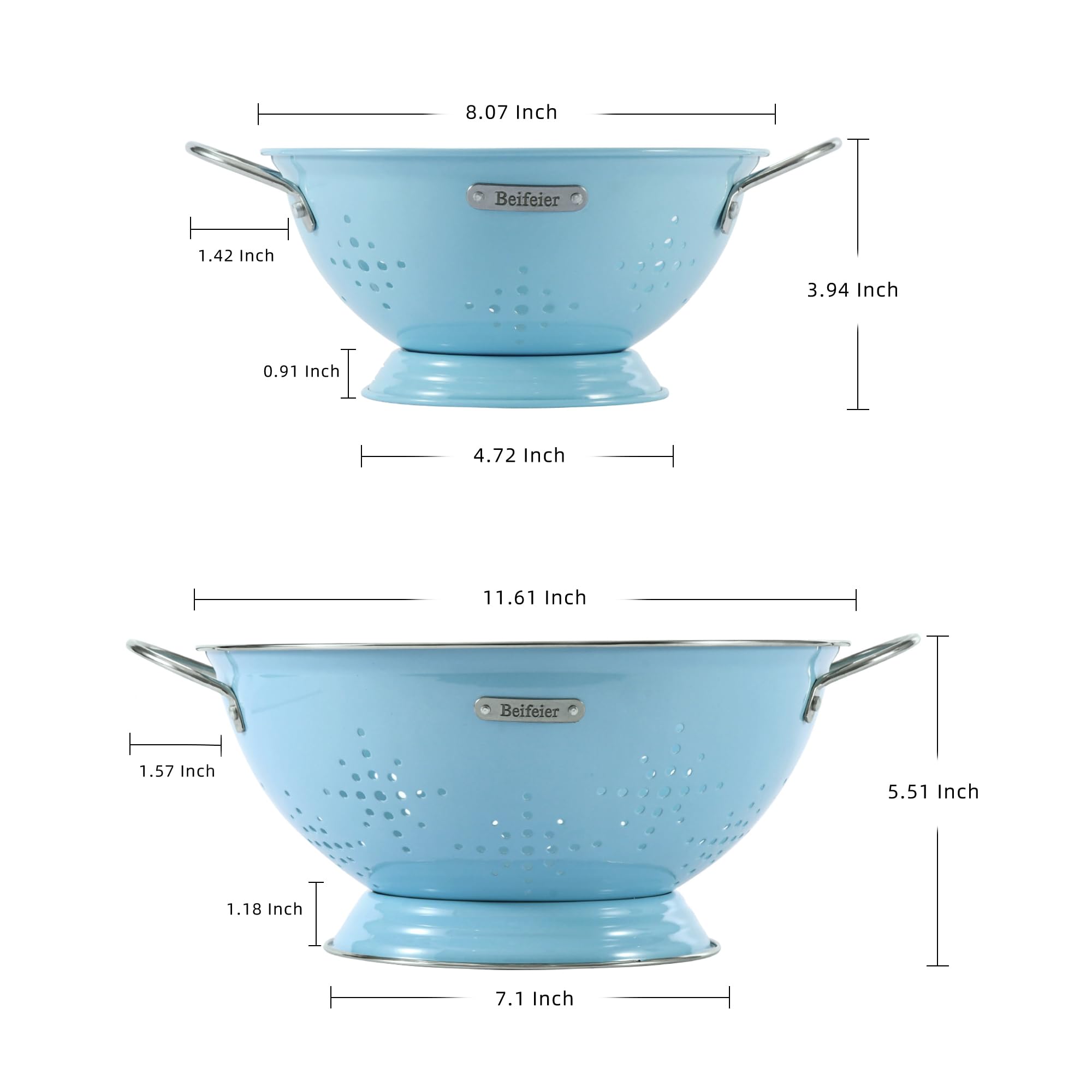 BeFare metal colander large 6qt ArcticBlue handles big pasta batches