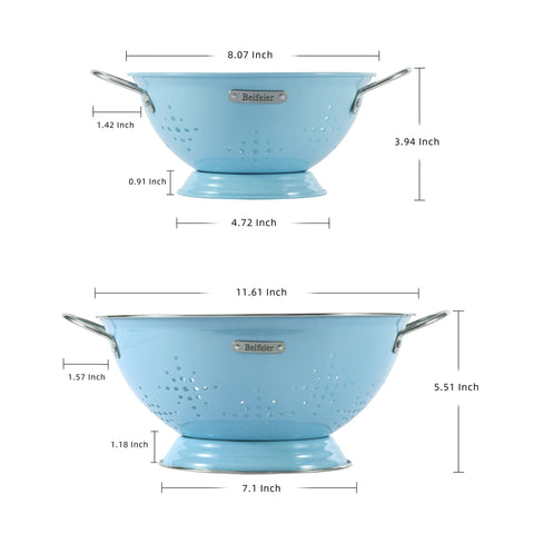 BeFare metal colander large 6qt ArcticBlue handles big pasta batches