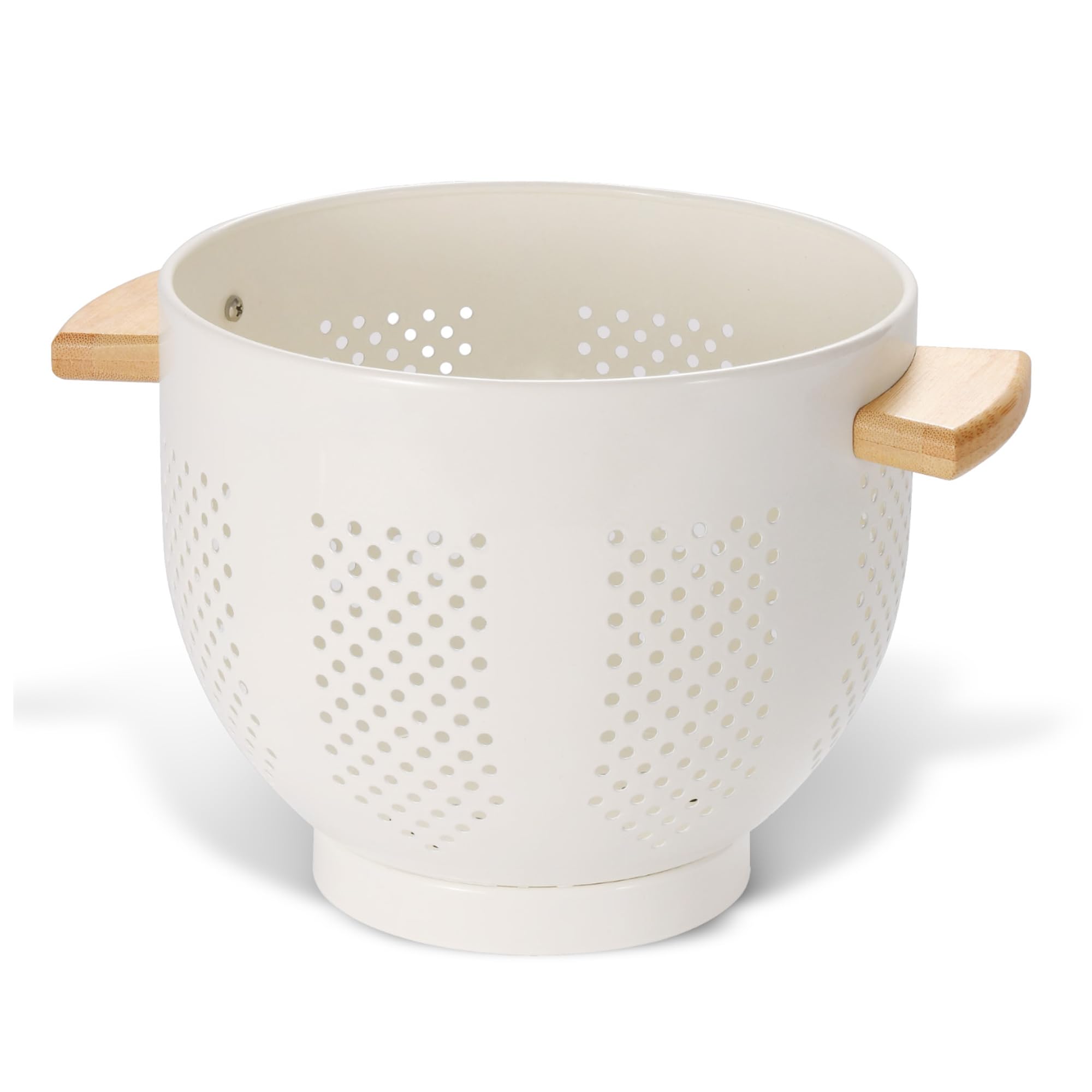 BeFare metal colander with wood handle and stable base for efficient draining.