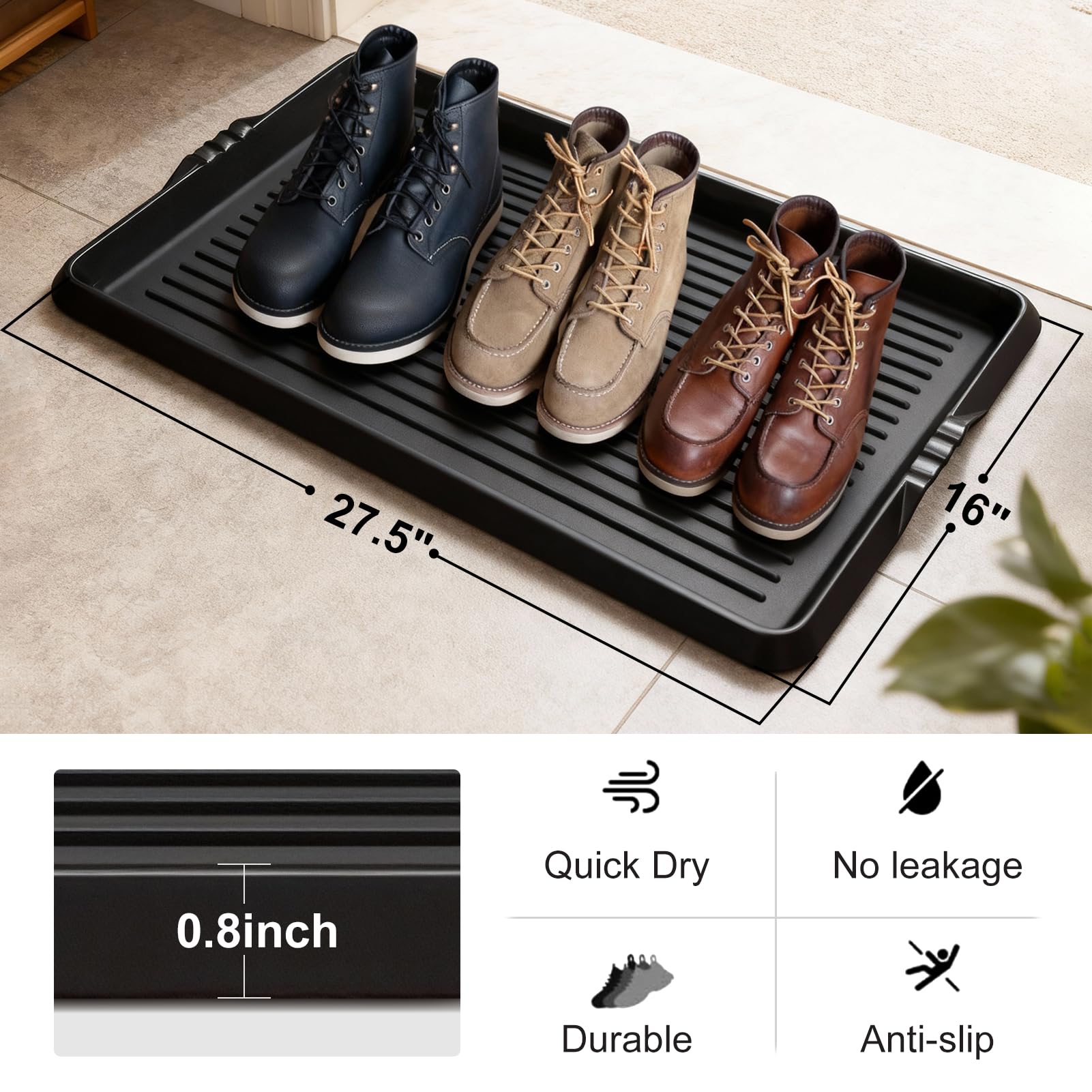 BEHERO boot tray multi-use for shoes, plants, and pet bowls.