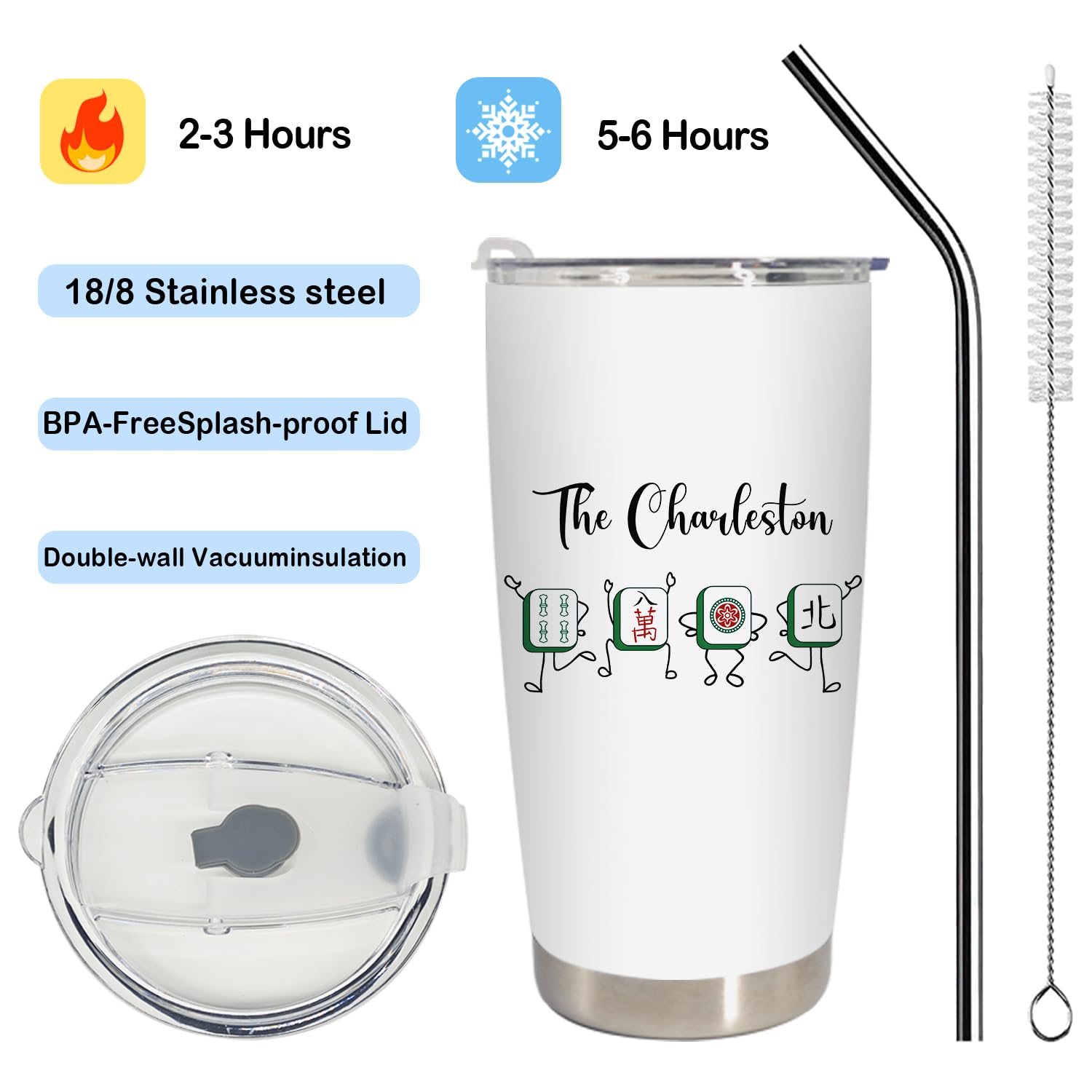 BEHIFL Chinese Mahjong Tumbler straw offers versatile sipping options during travel.