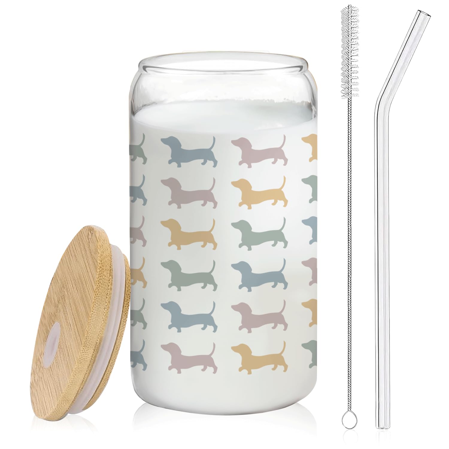 BEHIFL dachshund glass cup with lid and straw for iced coffee on the go