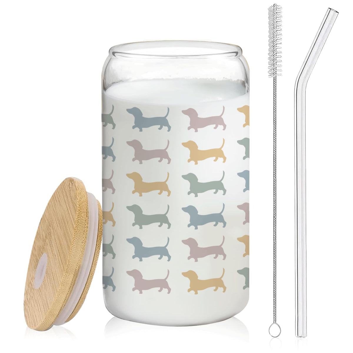 BEHIFL dachshund glass cup with lid and straw for iced coffee on the go